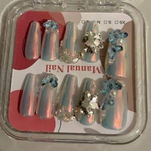 Iridescent Rhinestone butterfly bedazzled press on nails